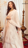 Embroidered front (W=26”H=45”) Embroidered back (W=26”H=45”) Embroidered thin lace 1 meter Daman corner bunches (2) Thin embroidered border 54” Embroidered sleeve bunches (2) Embroidered sleeve hem border on sleeve fabric 1 yard Dyed trouser 2 meter Embroidered chiffon dupatta 2.5 meter
