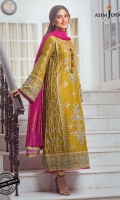 Embroidered center panel 1 Embroidered side panels 2 (W=6” H=45”) Embroidered back (W=26" H=45”) Embroidered sleeves (W=39" H=26") Embroidered border for front and back 52" Dyed raw silk trouser 2.5 meter Dyed woven organza dupatta 2.5 meter