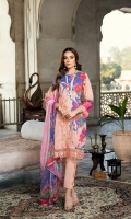 Embroidered and Digital Printed Front on Lawn : 1.15 Yards Digital Printed Back on Lawn : 1.15 Yards Digital Printed Sleeves on Lawn : 0.63 Yards Digital Printed Chiffon Dupatta : 2.5 Yards Dyed Cotton Trouser Fabric : 2.5 Yards Embroidered Organza Daman Border : 0.82 Yards 2 Embroidered Organza Trouser Bunches 2 Embroidered Organza Sleeve Laces