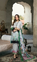 Embroidered and Digital Printed Front on Lawn : 1.15 Yards Digital Printed Back on Lawn : 1.15 Yards Digital Printed Sleeves on Lawn : 0.63 Yards Digital Printed Chiffon Dupatta : 2.5 Yards Dyed Cotton Trouser Fabric : 2.5 Yards Digital Printed Trouser Border on Satin Silk : 1.6 Yards Embroidered Organza Daman Border : 0.82 Yards 2 Embroidered Organza Sleeve Laces