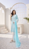 Embroidered Chiffon Front: 1yard Embroidered Chiffon Sleeves: 0.6yards Dyed Chiffon Back: 1.25yards Embroidered Chiffon Dupatta: 2.5yards. Raw Silk Bottom Fabric: 2.5yards 2 Embroidered Trouser borders Inner Fabric included Shirt Length with border: 43”+