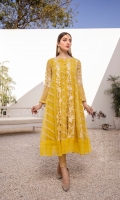 Make your fashion game stronger with our Yellow Organza Frock is composed of enormous embroidered front and back with silk thread motifs. A balanced touch of hand-embellished sequins with complementing straight pants completes this outfit.