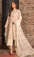 Shirt: Embroidered Lawn - 1 Meter Back: Embroidered Lawn - 1.5 Meter Dupatta: Embroidered Chiffon - 2.5 Meter Shalwar: Plain Cambric - 2.5 Meter