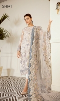 Embroidered Front (0.85 Yards) Plain Back (1 Yard) Embroidered Sleeves (0.72 Yards) Embroidered Sleeves Patch (1.10 Yards) Embroidered Front and Back Patch (2 Yards) Embroidered Net Dupatta (2.65 Yards) Dyed Silk Trousers (2.50 Yards)