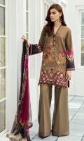 DIGITAL PRINTED LAWN SHIRT EMBROIDERED FRONT PATCHES (2)  DYED CAMBRIC LAWN TROUSERS  DIGITAL PRINTED CHIFFON DUPATTA