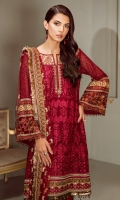 Embroidered Front Embroidered Sleeves Embroidered Neckline Patch (2) Embroidered Sleeves Patch Embroidered Front and Back Patch Plain Back Silk Trousers Embroidered Net Dupatta
