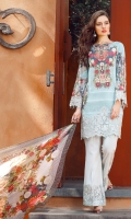 Digital Printed Lawn Shirt 3.15 Meter Embroidered Front Bottom Patch 1.00 Meter Embroidered Sleeves Patch 1.00 Meter Digital Printed Pure Chiffon Dupatta 2.50 Meter Dyed Cambric Lawn Trousers 2.50 Meter Embroidered Trousers Patch 1.00 Meter