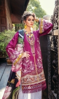 Embroidered Jacquard Lawn Front (0.95 Yards)  Embroidered Jacquard Lawn Sleeves (0.12 Yards)  Digital Printed Lawn Back (1.30 Yards)  Embroidered Sleeves Patch (1.10 Yards)  Embroidered Neckline Patch (01 Pc)  Embroidered Front Patch (01 Pc)  Printed Pure Silk Dupatta (2.70 Yards]  Embroidered Cambric Lawn Trousers (2.50 Yards)