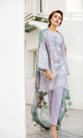 EMBROIDERED SWISS LAWN FRONT PLAIN SWISS LAWN BACK EMBROIDERED SWISS LAWN SLEEVES EMBROIDERED SLEEVES PATCH EMBROIDERED FRONT + BACK PATCH  DYED CAMBRIC LAWN TROUSERS  DIGITAL PRINTED CHIFFON DUPATTA