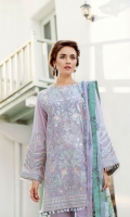 EMBROIDERED SWISS LAWN FRONT PLAIN SWISS LAWN BACK EMBROIDERED SWISS LAWN SLEEVES EMBROIDERED SLEEVES PATCH EMBROIDERED FRONT + BACK PATCH  DYED CAMBRIC LAWN TROUSERS  DIGITAL PRINTED CHIFFON DUPATTA