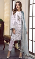 EMBROIDERED SWISS LAWN FRONT PANEL EMBROIDERED SWISS LAWN SIDE PANEL EMBROIDERED SWISS LAWN SLEEVES PLAIN SWISS LAWN BACK EMBROIDERED SLEEVES PATCH EMBROIDERED FRONT + BACK PATCHES DIGITAL PRINTED CHIFFON DUPATTA DYED CAMBRIC LAWN TROUSERS