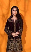 Embroidered Velvet Front Embroidered Velvet Sleeves Embroidered Velvet Sleeves Patch Embroidered Velvet Neckline Patch Embroidered Neckline Patch Plain Velvet Back Embroidered Velvet Back Patch Jamavaar Trousers Color: Plum/Burgundy  Includes: Shirt & Trouser (2 Piece)