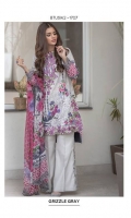 Chiffon Dupatta: 2.5 M Cambric Front Printed: 1.1 M Cambric Back Printed: 1.1 M Cambric Sleeves Printed: 0.6 M Cambric Dyed Pants: 2.5 M Embroidered Front Border: 0.7 M Embroidered Pant Border: 1.0 M Embroidered Neckline