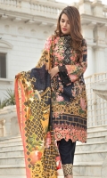 Shawl Printed: 2.5 M Khaddar Front Printed: 1.1 M Khaddar Back Printed: 1.1 M Khaddar Sleeves Printed: 0.6 M Khaddar Dyed Pants: 2.5 M Embroidered Neckline: 1 Pc Embroidered Front Border: 0.7 M Embroidered Pant Border: 1.0 M