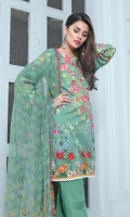 Chiffon Dupatta Printed: 2.5 M Cambric Front Printed: 1.1 M Cambric Back Printed: 1.1 M Cambric Sleeves Printed: 0.6 M Cambric Dyed Pants: 2.5 M Embroidered Neckline: 1 Pc Embroidered Front Border: 0.7 M Embroidered Pant Motifs: 2 Pc