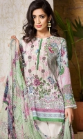 Chiffon Dupatta: 2.5 Meter Shirt front Printed: 1.2 Meter Back Printed: 1.2 Meter Sleeves Printed: 0.6 Meter Dyed Pant: 2.5 Meter One Embroidered Neckline Front Embroidered Border: 0.7 Meter