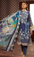 Printed Shirt: 2.9 M Dyed Pants: 2.5 M Printed Silk Dupatta: 2.5 M Embroidered Neckline: 1 Pc  Embroidered Pants Motifs: 2 Pc