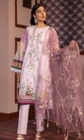 Printed Shirt: 2.9 M Dyed Pants: 2.5 M Embroidered Poly Net Dupatta: 2.5 M Embroidered Neckline: 1 Pc