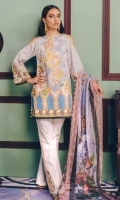 Printed Shirt: 2.9 M Dyed Pants: 2.5 M Printed Poly Net Dupatta: 2.5 M Embroidered Neckline: 1 Pc  Embroidered Pants Motifs: 2 Pc