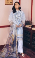 Printed Shirt: 2.9 M Dyed Pants: 2.5 M Printed Chiffon Dupatta: 2.5 M Embroidered Neckline: 1 Pc  Embroidered Sleeves Motifs: 2 Pc