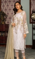 Embroidered Organza Front: 1 M Dyed Organza Back & Sleeves: 1.7 M Dyed Pants: 2.5 M Dyed Inner: 2.5 M Dyed Organza Jacquard Dupatta: 2.5 M Embroidered Sleeves Motifs: 2 Pc Embroidered Front Border: 0.6 M