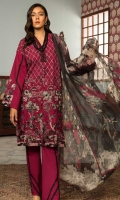 Embroidered Front: 1 M Dyed Back & Sleeves: 1.7 M Dyed Pants: 2.5 M Printed Chiffon Dupatta: 2.5 M Embroidered Neckline Patti: 0.6 M Embroidered Sleeves Motifs: 2 Pc
