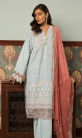 Embroidered Front: 1 M Dyed Back & Sleeves: 1.7 M Dyed Pants: 2.5 M Embroidered Chiffon Dupatta: 2.5 M Embroidered Neckline Motif: 1 Pc Embroidered Front Border: 0.6 M Embroidered Sleeves Border: 0.8 M