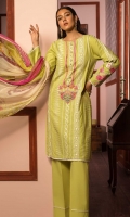 Embroidered Front: 1 M Dyed Back & Sleeves: 1.7 M Dyed Pants: 2.5 M Printed Chiffon Dupatta: 2.5 M Embroidered Neckline: 1 Pc Embroidered Sleeves Motifs: 2 Pc