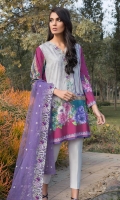Printed Shirt: 2.9 M Dyed Pants: 2.5 M Embroidered Net Dupatta: 2.5 M Embroidered Neckline Patti: 0.8 M