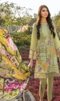 Embroidered Front: 1 M Dyed Back: 1 M Dyed Sleeves: 0.6 M Dyed Pants: 2.5 M Printed Chiffon Dupatta: 2.5 M Embroidered Pants Motifs: 2 Pc Embroidered Front Border: 0.6 M Embroidered Sleeves Border: 0.8 M
