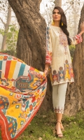 Printed Shirt: 2.9 M Dyed Pants: 2.5 M Printed Chiffon Dupatta: 2.5 M Embroidered Neckline: 1 Pc Embroidered Pants Border: 0.8 M