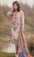 Printed Shirt: 2.9 M Printed Chiffon Dupatta: 2.5 M Dyed Pants: 2.5 M Embroidered Neckline: 1 Pc Embroidered Pants Motifs: 2 Pc