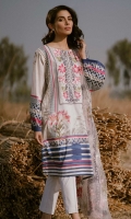 Printed Shirt: 2.9 M Embroidered Net Dupatta: 2.5 M Dyed Pants 2.5 M Embroidered Neckline: 1 Pc