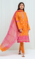 Gold Printed Lawn Shirt With Embroidery: 2.9 M Printed Blended Chiffon Dupatta: 2.5 M Dyed Pant: 2.5 M