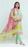 Printed Lawn Shirt With Embroidery: 2.9 M Printed Blended Chiffon Dupatta: 2.5 M Embroidered Neck Line Patti: 0.7 M Dyed Pant: 2.5 M