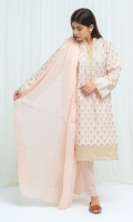 Gold Screen Printed Lawn Front: 1.14 M Gold Screen Printed Lawn Sleeves: 0.5 M Dyed Lawn Back: 1.14 M Embroidered Sleeves Patti: 0.8 M Embroidered Border Patti: 0.8 M Organza Dupatta: 2.5 M Dyed Pants: 2.5 M