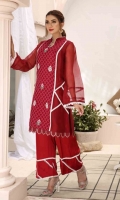 Julia is a deep red outfit enhanced with the finest white laces to bring out a sophisticated look. It has embroidered motifs in the center that grabs attention to the red pattern in the middle. Paired with it is a red matching trouser with laces to complement the shirt