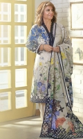 DIGITAL PRINTED LAWN SHIRT: 3.00 M DIGITAL PRINTED VOILE DUPATTA: 2.50 M DYED CAMBRIC TROUSER: 2.00 M EMBROIDERY 2 BUNCHES