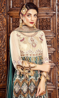• Embroidered Chiffon front body: 1 Pc • Embroidered Chiffon back body: 1 Pc • Embroidered Chiffon front kali: 2 yard • Embroidered Chiffon back kali: 2 yard • Embroidered Chiffon sleeves: 0.75 • Embroidered Net dupatta: 2.5 yard • Jamawar trouser: 2.5 yard