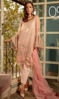 Ready to wear net fabric shirt with attached resham lawn inner Embroidered front back & sleeves with adda work Net fabric embroidered dupatta Raw silk adda work trouser.