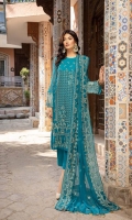 Shirt Embroidered Chiffon Front 1M Embroidered Chiffon Back +Sleeves 2M Embroidered Sleeves +Back Daman Patti 2M Inner shirt 2.25M  Trouser Raw Silk Trouser 2.5 M  Dupatta Embroidered Chiffon Dupatta 2.5 M