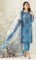 Shirt Embroidered Front Chiffon 1M Embroidered Chiffon Back + Sleeves 2M Embroidered Sleeves +Trouser Patti 2.5M Inner Shirt 2.25M  Trouser Raw Silk Trouser 2.5 M  Dupatta Embroidered organza Printed Dupatta 2.5 M