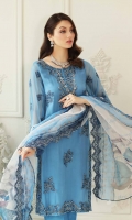 Shirt Embroidered Front Chiffon 1M Embroidered Chiffon Back + Sleeves 2M Embroidered Sleeves +Trouser Patti 2.5M Inner Shirt 2.25M  Trouser Raw Silk Trouser 2.5 M  Dupatta Embroidered organza Printed Dupatta 2.5 M