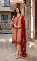 Shirt Embroidered Chiffon Front 1.4M Embroidered Chiffon back 1.4M Embroidered chiffon sleeves 26 inches a) Embroidered Front +Back Sleeves Patti 2.5M b) Embroidered Front +Back Sleeves Patti 2.5M Embroidered Front Neck +Cholk Patti 4M Inner Shirt 2.25M  Trouser Raw silk Trouser 2.5 M  Dupatta Embroidered Chiffon Dupatta 2.5 M