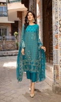 Shirt Embroidered Chiffon Front 1M Embroidered Chiffon Back +Sleeves 2M Embroidered Sleeves +Back Daman Patti 2M Inner shirt 2.25M  Trouser Raw Silk Trouser 2.5 M  Dupatta Embroidered Chiffon Dupatta 2.5 M