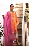 Shirt Embroidered brosha lawn front and sleeve's finished with shisha work and organza stitching details. Back plain brosha lawn finished with lace work. Trouser Brosha  cotton q lot trouser finished with organza embroidery stitching details. Dupatta Organza tilla zari dupatta finished with stitching details.