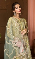 Shirt Embroidered adda work front chiffon 1M Embroidered Chiffon Back 1M Embroidered sleeves Chiffon 26 inches Embroidered adda work Sleeves patti 1M Inner Shirt 2.25M  Trouser Embroidered Raw Silk Trouser 2.5 M  Dupatta Embroidered Net Dupatta 2.5M Embroidered Dupatta Patti 8M Finishing dupatta motif 4Pcs
