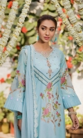 Shirt  Embroidered lawn fabric front & sleeve Plain lawn fabric back Organza fabric frill work on cuffs Sheesha work on front Sequence hangings on sleeves Pearls attached on side chal Dupatta  Embroidered chiffon dupatta with sequence hangings Trouser  Embroidered paste print cotton fabric trouser