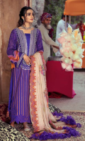 Shirt Embroidered Lawn front 1.4 m Embroidered Neck Front 1 Piece Embroidered Pearl Chiffon Sleeves 26 inches Lawn Back 1.4 m Embroidered Neck Back 1 Piece Embroidered Front Daman Patti 1 m Embroidered Back Daman Patti 1 m Embroidered Chock Patti 2.5 m Embroidered Sleeves + Trouser Patti 2 m  Trouser Cotton Trouser 2.5 m  Dupatta Embroidered Dupatta Patti 8 m Embroidered Cotton Net Dupatta 2.5 m