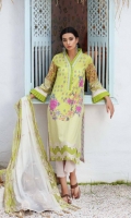 Shirt Embroidered Front Lawn Print 1.4M Embroidered Front Neckline Patti 1.5M Lawn Print Back +Sleeves 2M  Trouser Embroidered Cotton Trouser 2.5 M  Dupatta Embroidered Printed Chiffon Dupatta 2.5 M
